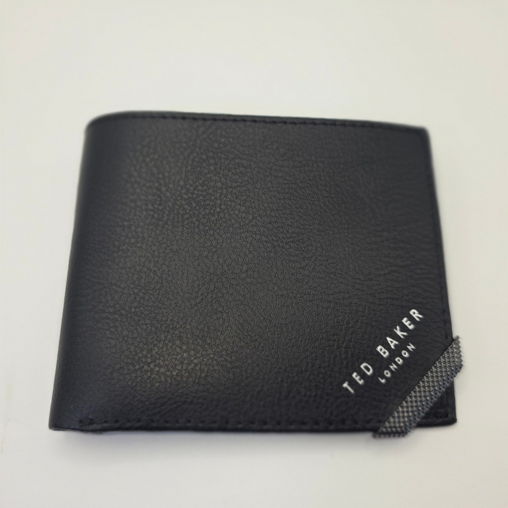 Ted Baker London Mens Black Pebbled Leather Bifold Wallet with Zip Coin Pocket
